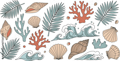 A vintage summer concept with a hand-drawn collection of ocean elements, including sea shells, coral, and tropical leaves