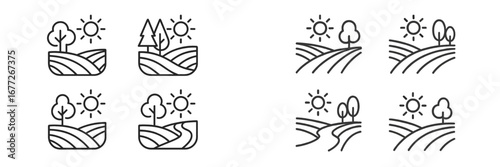 Set of icons depicting rolling hills and trees under the sun