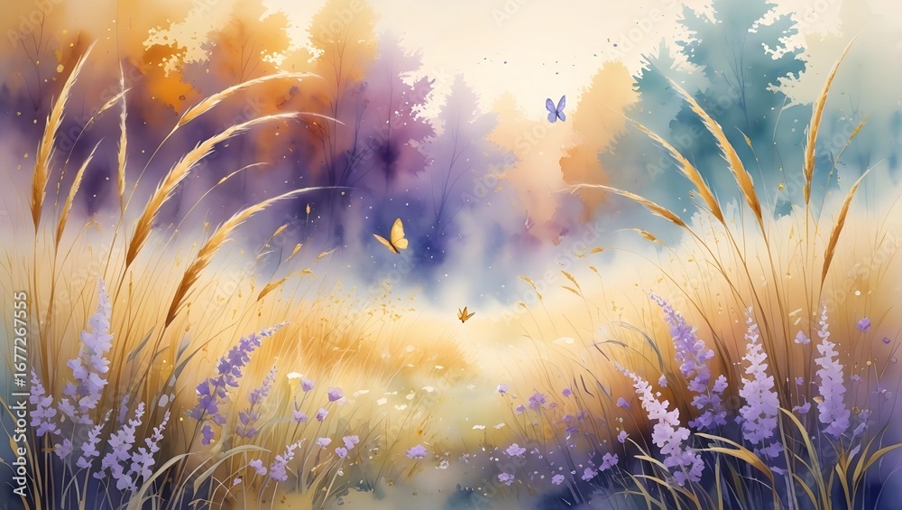 Fototapeta premium Serene Fall Meadow Landscape with Warm Forest Colors and Airy Texture