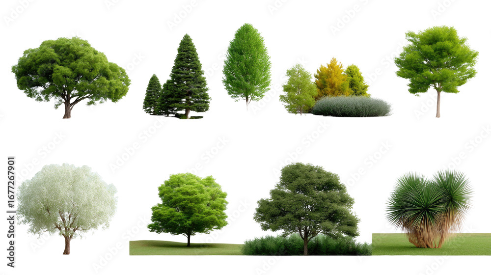 Fototapeta premium Diverse Trees: An array of lush, vibrant trees, each meticulously captured to showcase unique leaf textures and forms, inviting exploration of nature's rich palette and architectural beauty.