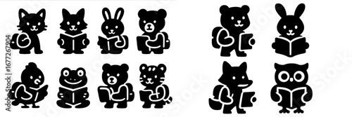 Cute cartoon animals reading books and holding objects