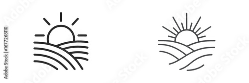 Sunrise over rolling hills line art icon