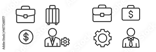 Business icons set with briefcase, money, gear, and person