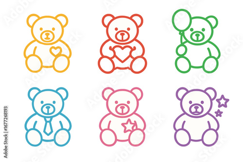 Six colorful teddy bears with glowing outlines