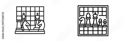 Chess board with king and knight pieces outline