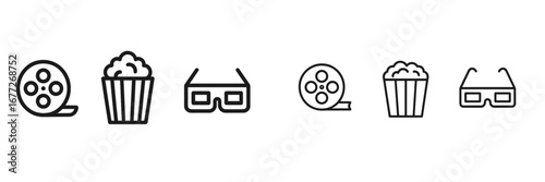 Movie icons: film reel, popcorn, 3D glasses