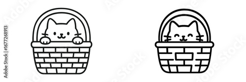 Cute cat peeking out of a basket icon