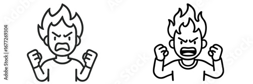Angry person with fists raised and hair on fire