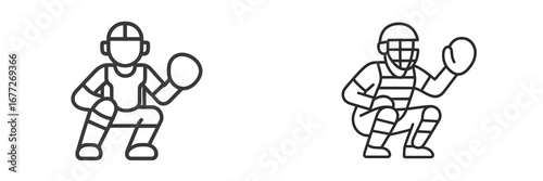 Baseball catcher icons in outline style