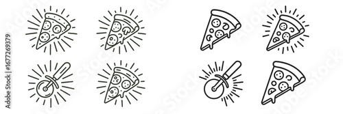 Pizza slice and cutter line art icons