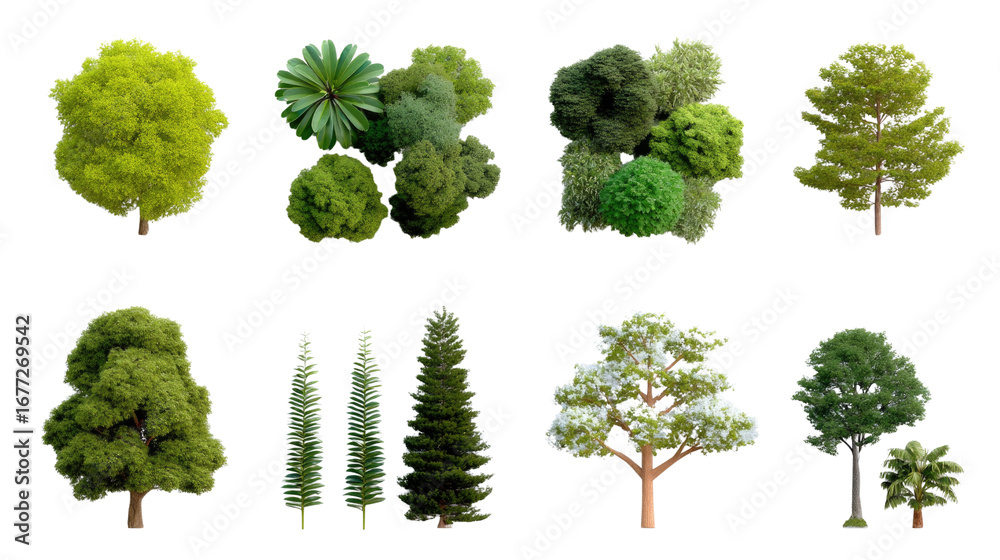 Fototapeta premium Diverse Collection of Trees: An assortment of meticulously crafted trees, each possessing unique foliage, forming a varied composition.