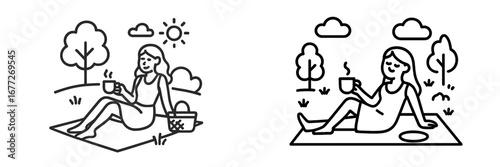 Woman enjoying coffee on a picnic blanket outdoors