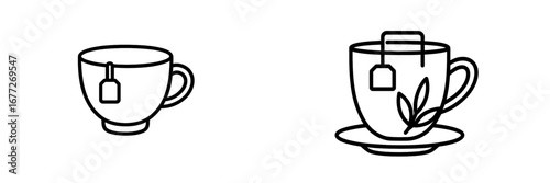 Line art of tea cup with tea bag and saucer