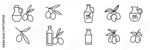 Olive oil bottles and branches with olives icons