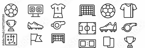 Soccer equipment and game elements icons