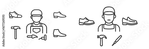 Shoemaker and tools icon set