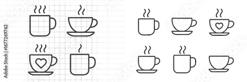 Set of hot beverage cups with steam icons