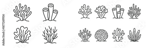Collection of stylized coral and anemone line art icons