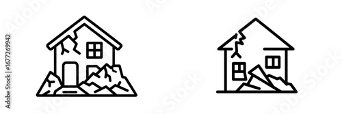 Damaged house icon with cracks and debris