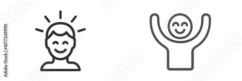 Happy person with radiating lines and person with raised hands