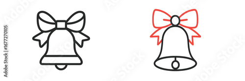 Two bells with bows, one red, one black outline