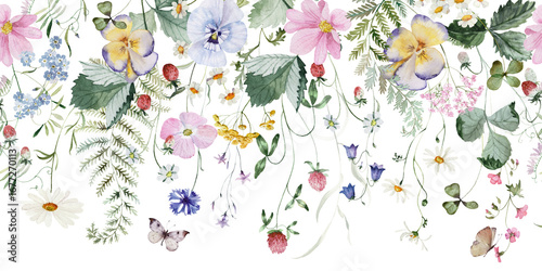 Seamless border. Watercolor colorful wildflower floral flower forest meadow clipart green herbs leaves. Wedding invitation, fashion, background, textile. Fern, shamroock, chamomile, ivy, strawberry.