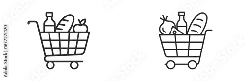 Grocery shopping cart with food items icon