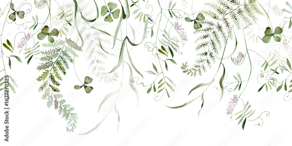 Fototapeta premium Seamless border. Watercolor wildflower floral forest meadow set - green herbs leaves flower. Wedding invitation, wallpaper, fashion, background, textile. Fern, shamroock, chamomile, ivy.