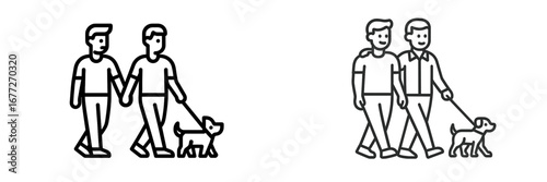 Two men walking a dog