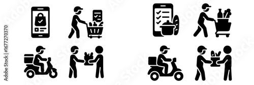 Online grocery shopping and delivery process icons