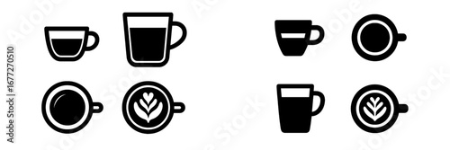 Collection of coffee cup icons with latte art
