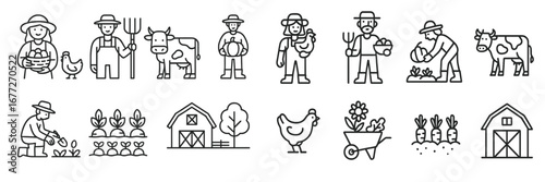 Farm life icons with farmers, animals, and crops