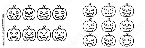 Collection of Halloween pumpkin faces outline icons