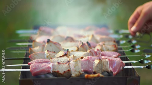 People grilling skewers of meat and vegetables on outdoor barbecue in natural setting