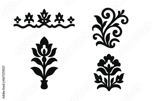 Collection of floral ornamental elements on black background