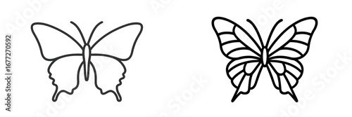 Two stylized butterflies, one with smooth edges, one with segmented wi