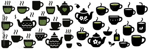 Collection of hot tea cups and teapots