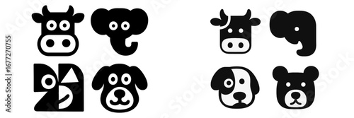 Cute animal faces and shapes on black background