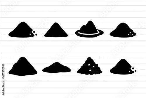Collection of black piles of sand or powder on gray background