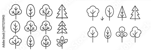 Set of stylized tree icons in outline style