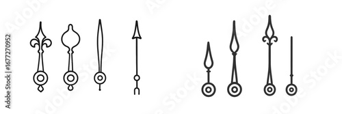 Collection of ornate clock hands and decorative elements