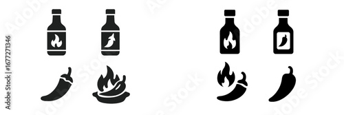 Hot sauce bottle and chili pepper icons