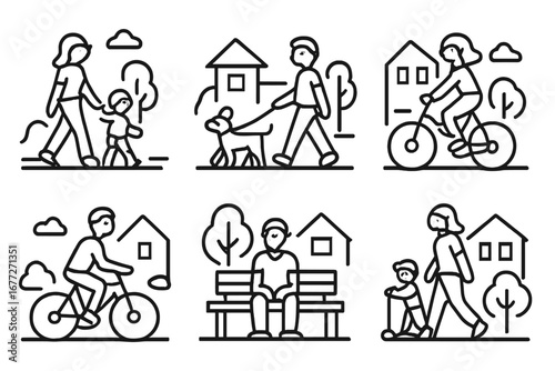 People enjoying outdoor activities in a neighborhood