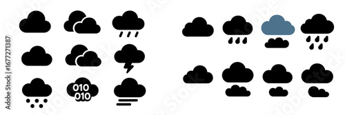 Cloud icons with rain and binary code