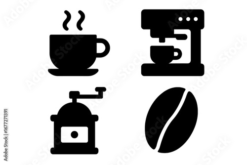 Coffee icons: cup, machine, grinder, bean