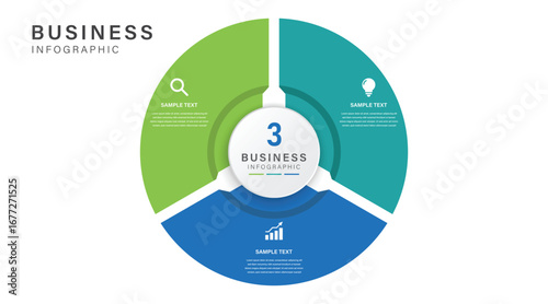 3 Step Circular Business Infographic with Icons and Text Sections