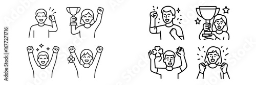 People celebrating success with raised fists and trophies