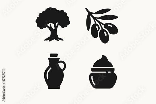 Olive tree, olives, oil bottle, and cream jar icons
