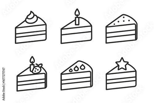 Set of six cake slices with different toppings