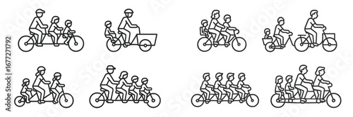 Family Tandem Bicycle Icon Set